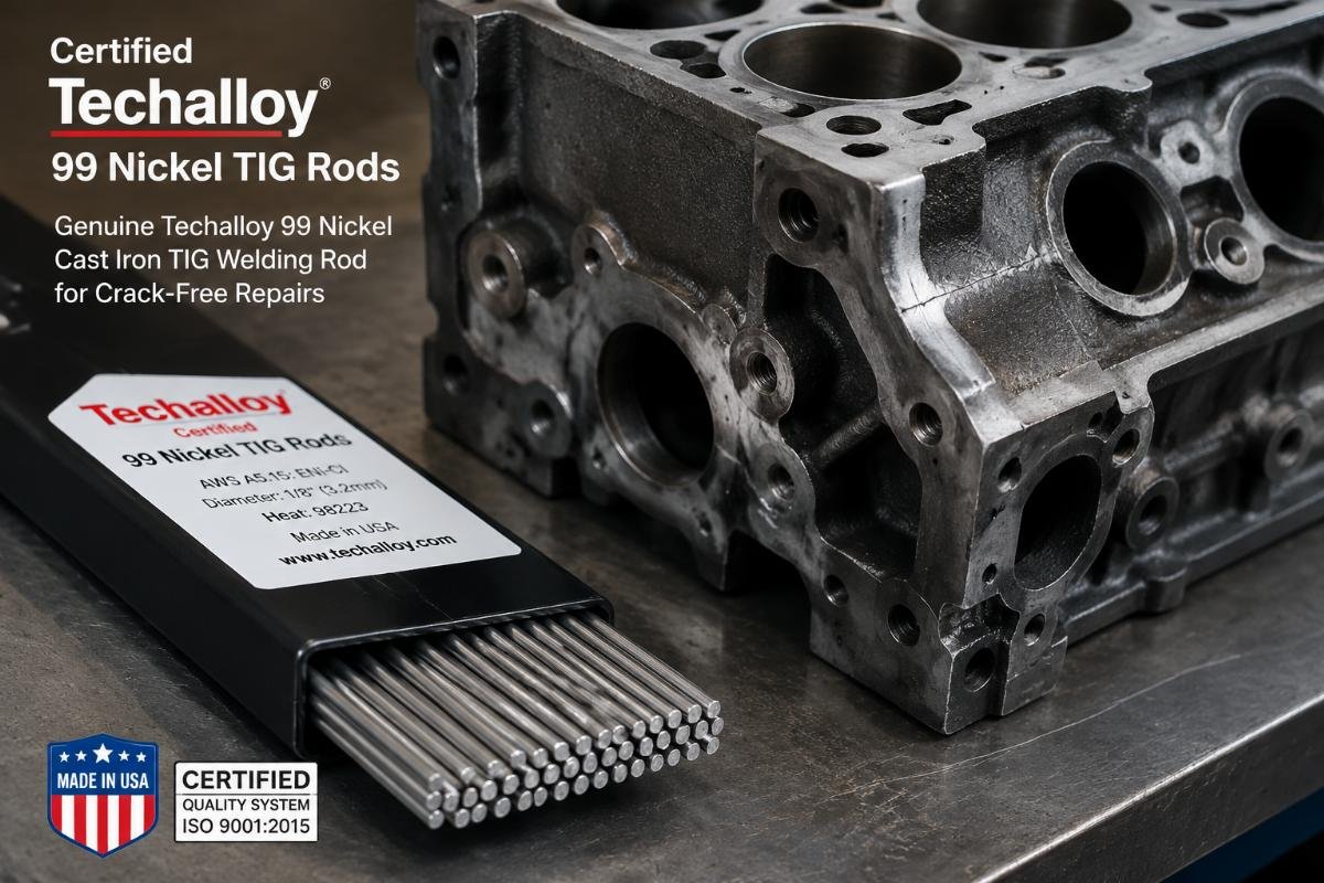 Certified Techalloy 99 nickel TIG rods laid next to a cast iron engine block prepped for repair