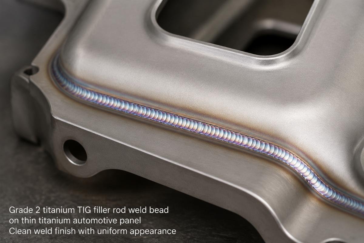 Grade 2 titanium weld finish on thin titanium components Grade 2 titanium TIG filler rod weld bead on thin titanium automotive panel
