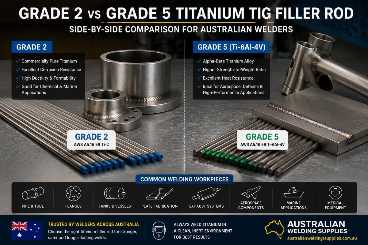 Side-by-side comparison of Grade 2 and Grade 5 titanium TIG filler rods laid next to common welding workpieces