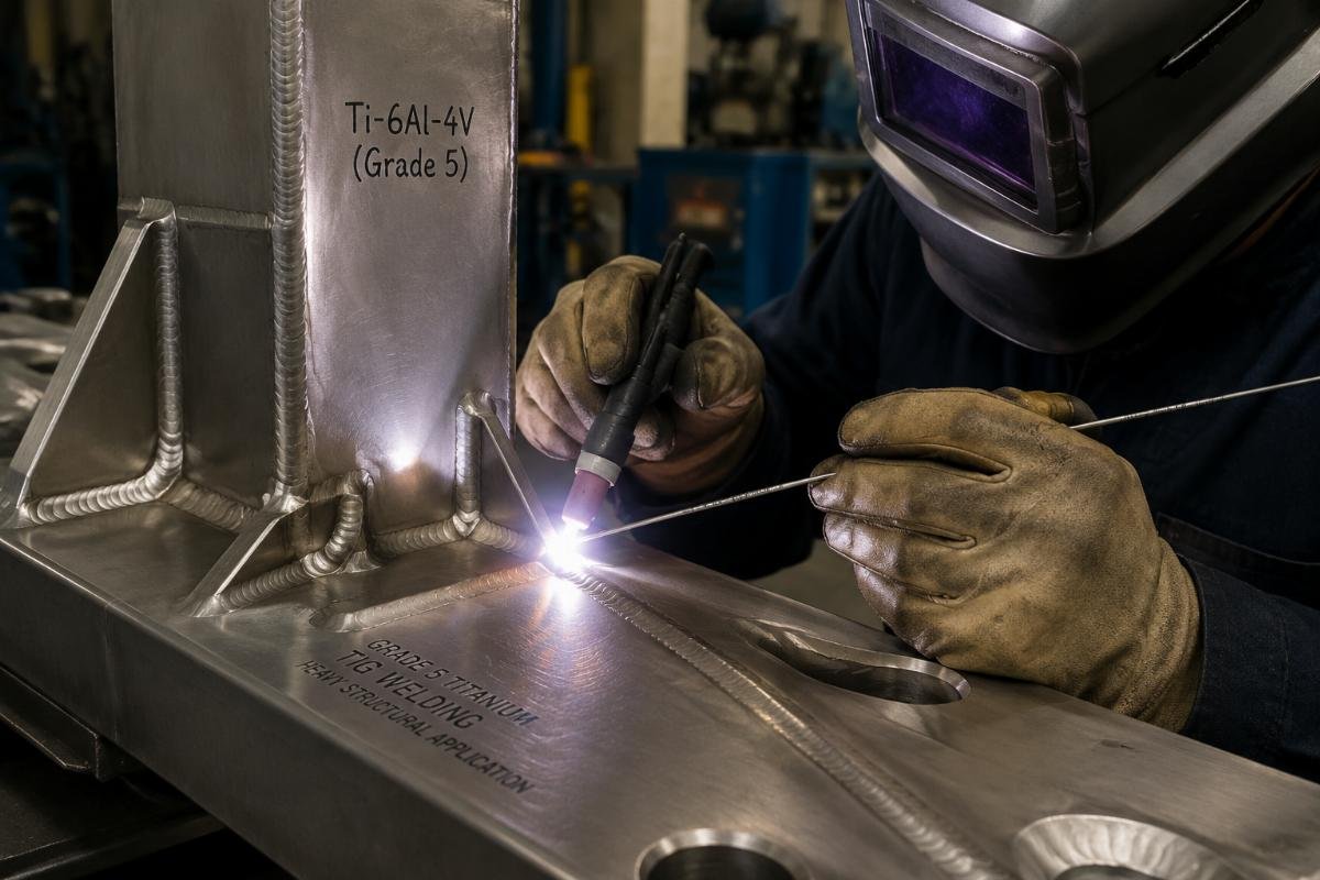 Grade 5 titanium welding for heavy structural applications Grade 5 titanium TIG filler rod being used on heavy structural titanium workpiece