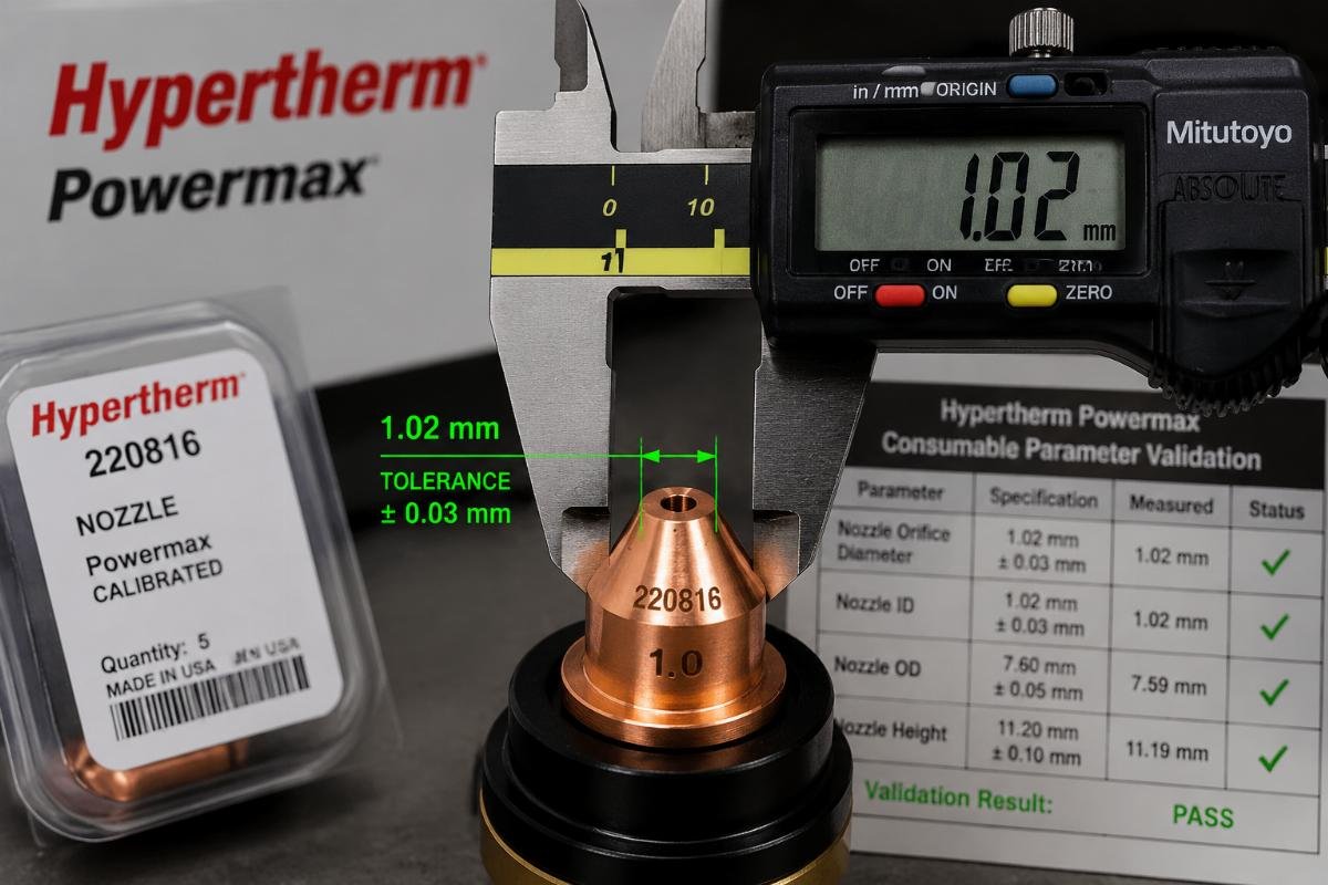 Hypertherm Powermax consumable parameter validation Close up of a calibrated Hypertherm Powermax nozzle with measurement calipers showing tolerance alignment