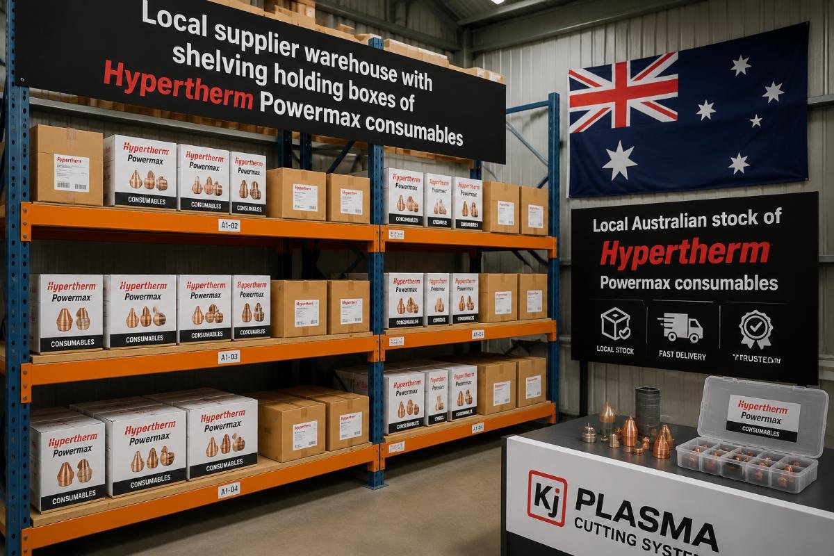 Local Australian stock of Hypertherm Powermax consumables Local supplier warehouse with shelving holding boxes of Hypertherm Powermax consumables