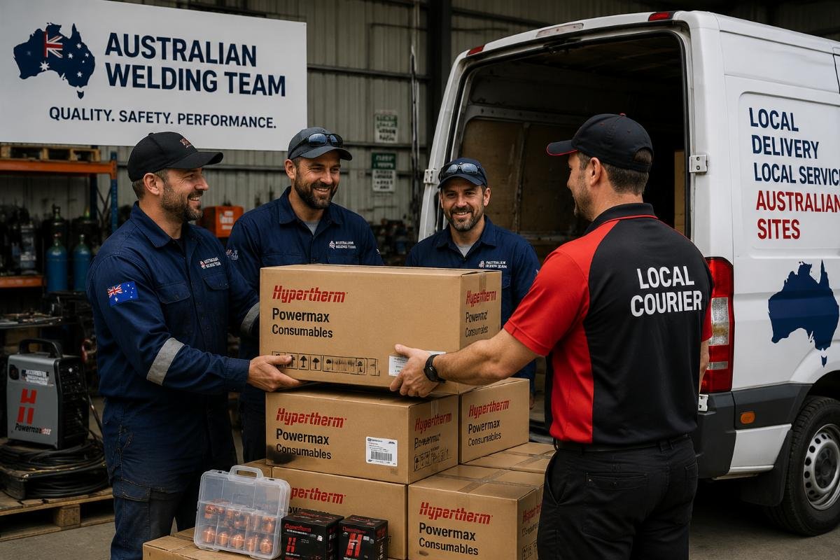 Local bulk delivery of Hypertherm Powermax parts for Australian sites Australian welding team receiving a bulk order of consumables from a local courier
