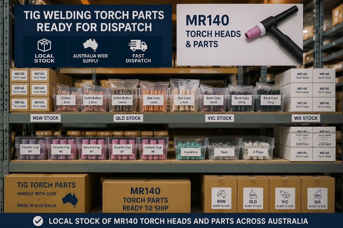 Warehouse shelf stacked with labeled TIG welding torch parts ready for dispatch