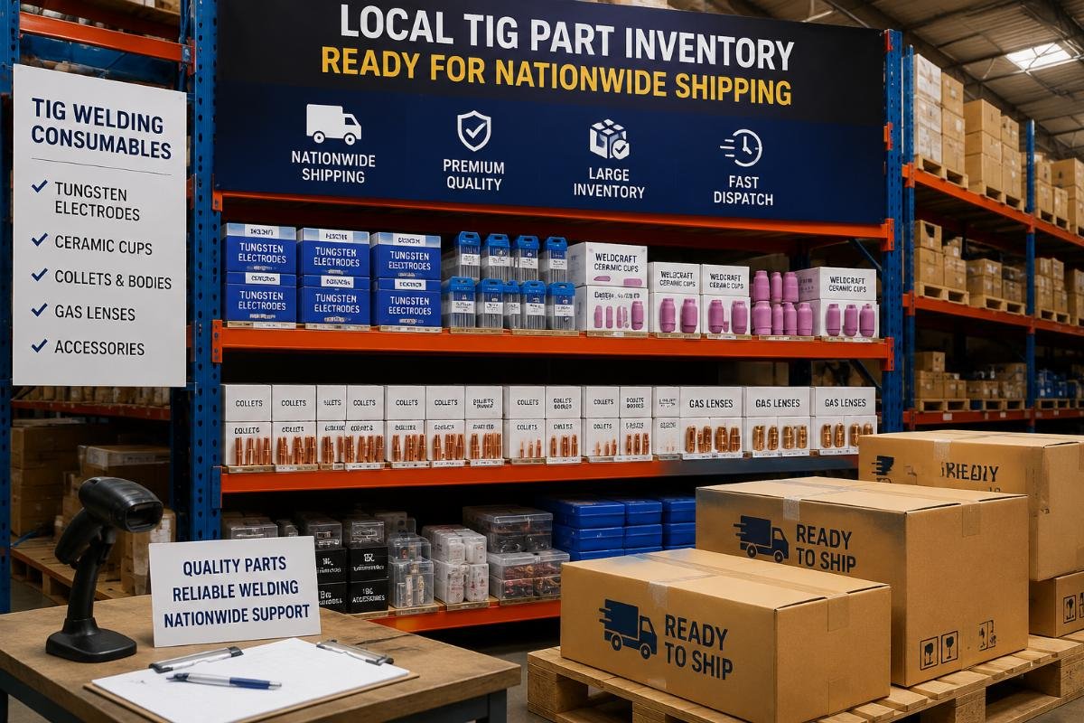 Local TIG part inventory ready for nationwide shipping Warehouse shelf showing stacked inventory of TIG welding consumables ready for dispatch