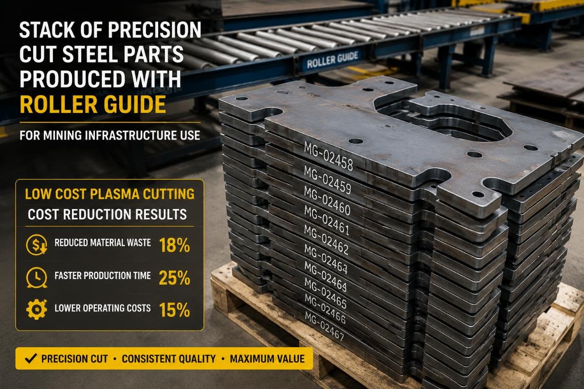 low cost plasma cutting cost reduction results Stack of precision cut steel parts produced with a roller guide, marked with part numbers for mining infrastructure use