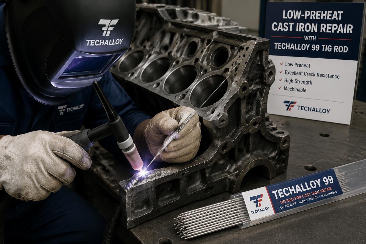 Low-preheat cast iron engine block repair with Techalloy 99 rod Technician performing low-preheat cast iron repair with Techalloy 99 TIG rod