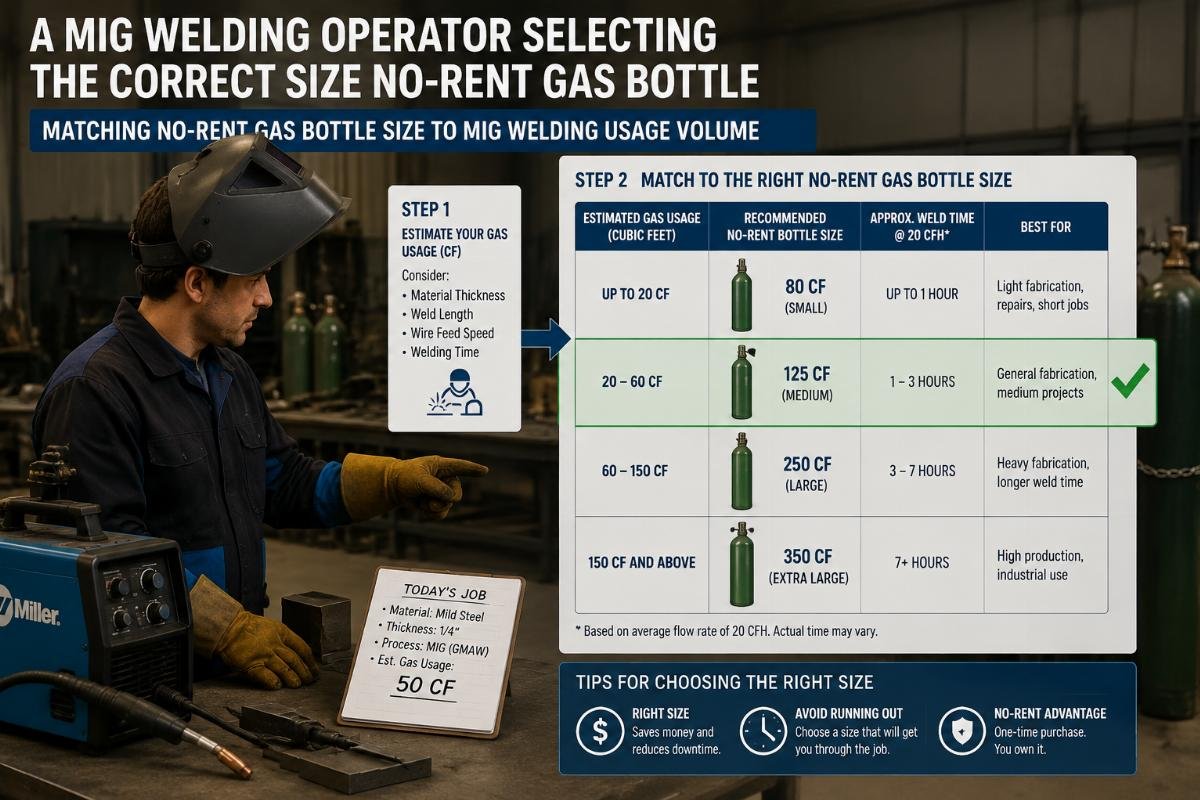 Matching no-rent gas bottle size to MIG welding usage volume A MIG welding operator selecting the correct size no-rent gas bottle for their current job