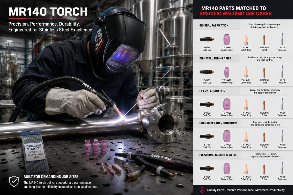 MR140 parts matched to specific welding use cases Welder using an MR140 torch on a stainless steel fabrication job site