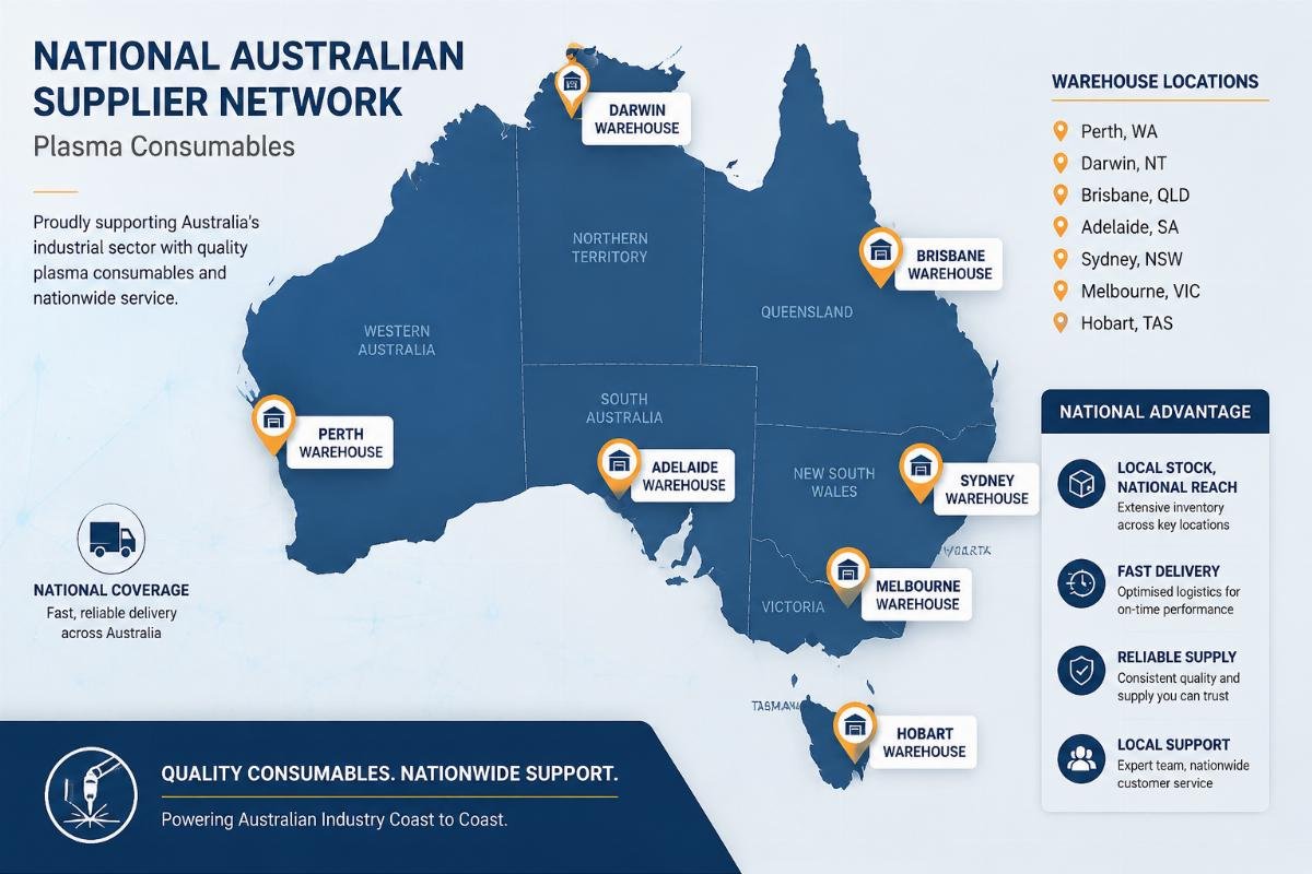 National Australian supplier network for plasma consumables Map of Australia showing warehouse locations for a national industrial supply company