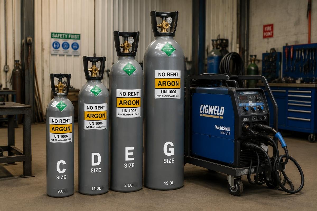 Stacked C, D, E and G size no-rent argon gas bottles next to a MIG welding unit in a workshop