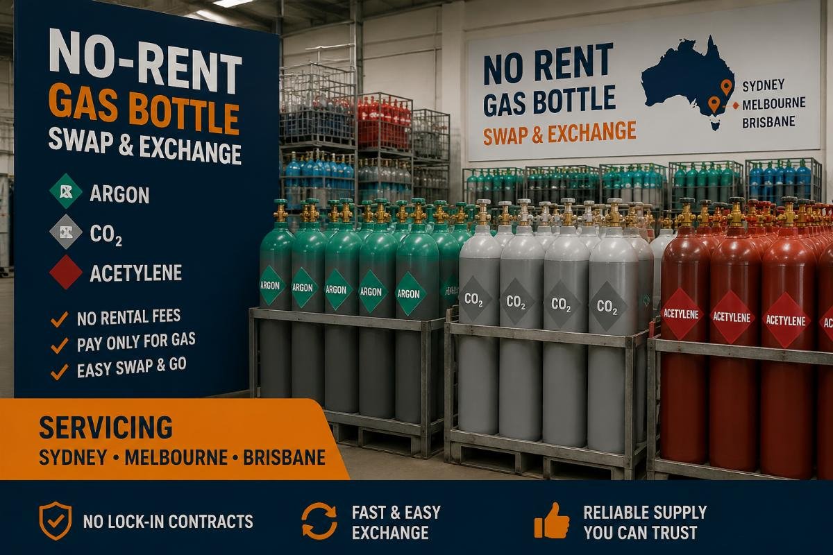 No-rent argon CO2 acetylene gas bottles stacked for swap and exchange in Sydney warehouse
