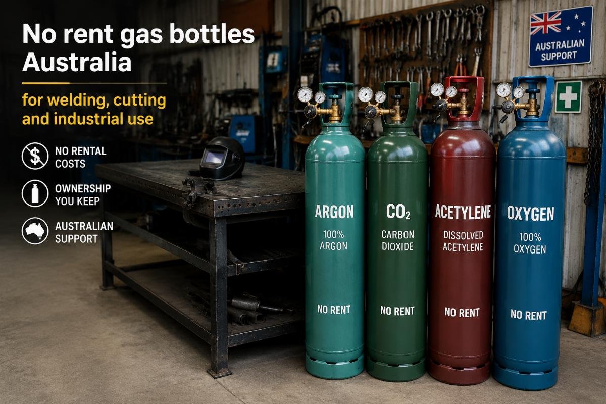 A stack of no-rent C, D, E and G size gas cylinders for argon, CO2, acetylene and oxygen sitting next to a welding workbench in a Australian workshop