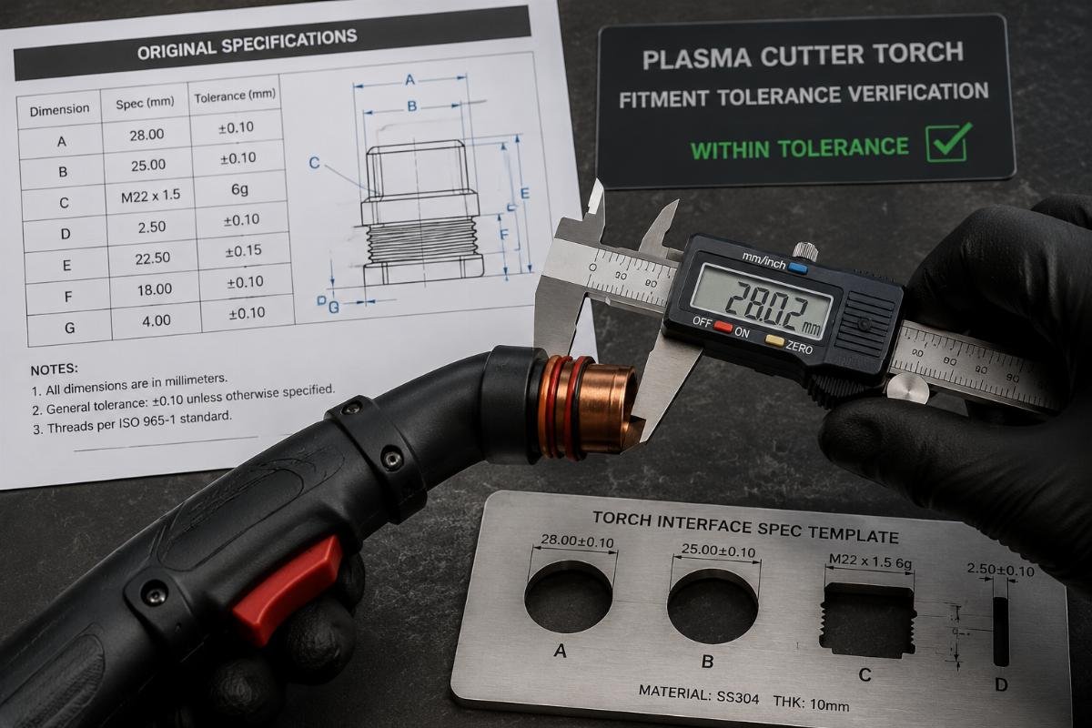 Plasma cutter torch fitment tolerance verification Calibration calipers measuring plasma cutter torch interface dimensions against original spec templates