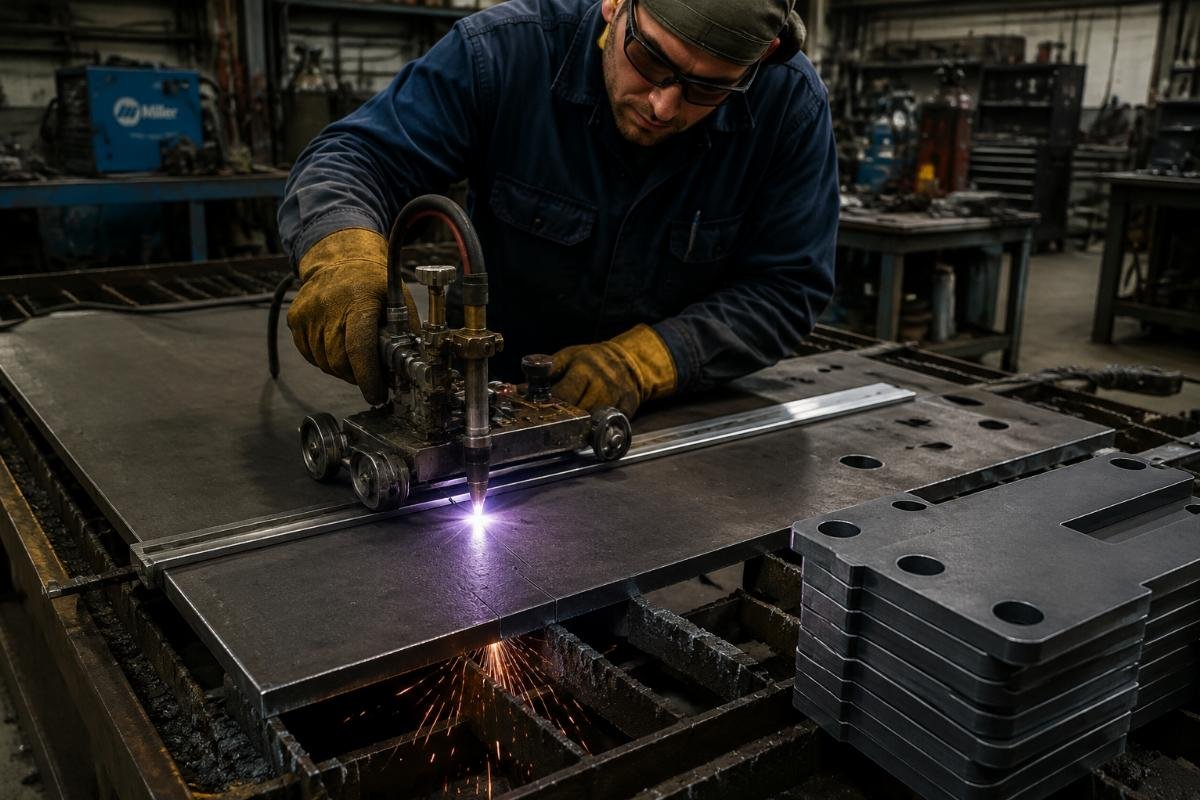 plasma cutting with roller guide in workshop Workshop operator using a roller guide on a plasma cutter mid-run, with clean finished parts stacked nearby