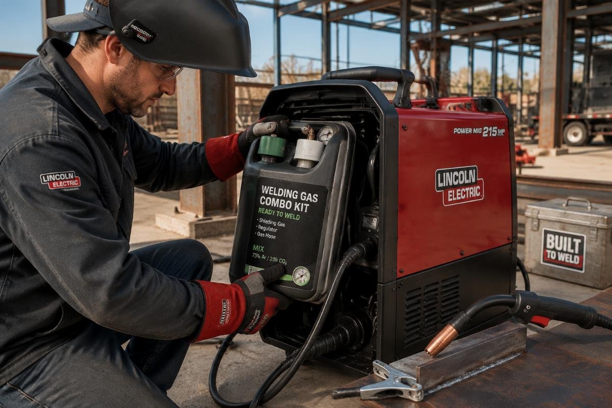 Portable disposable welding gas combo kit in use A technician swapping a disposable welding gas combo kit on a MIG welding unit at a job site
