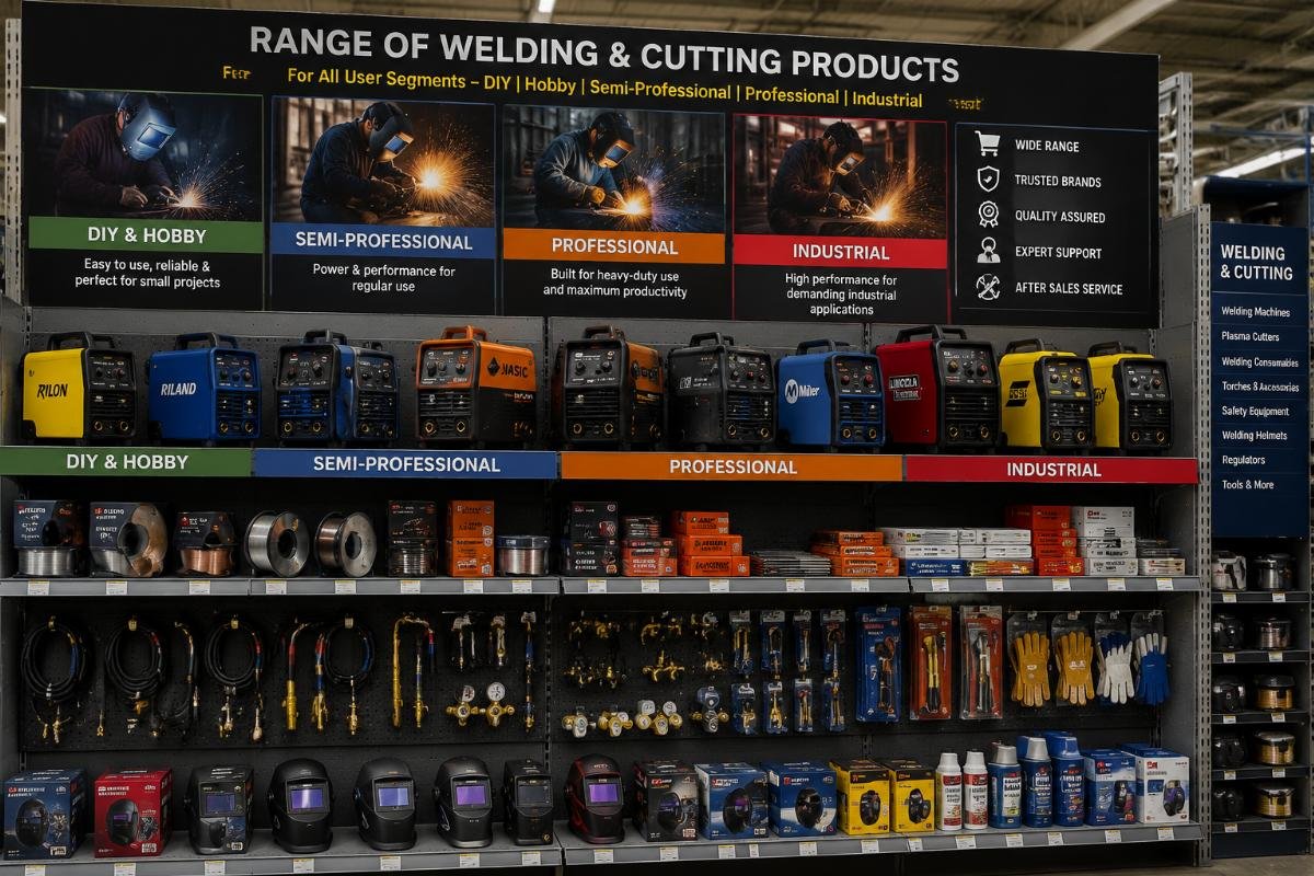 Range of welding and cutting products for all user segments Range of welding and cutting products on a retail warehouse shelf