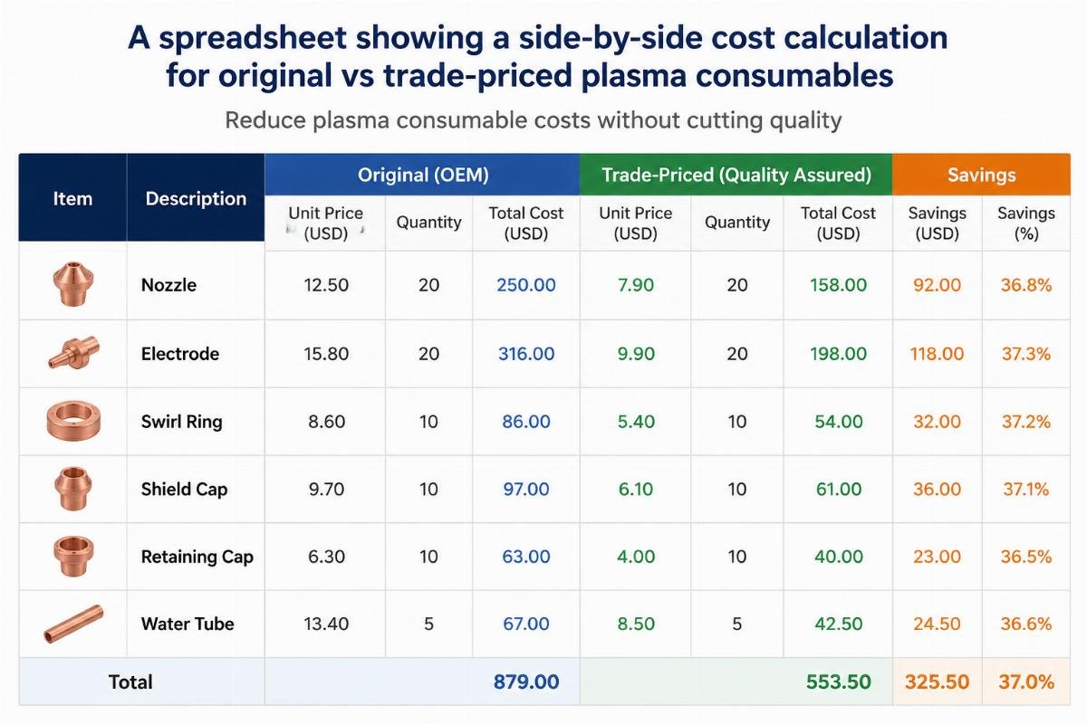 Reduce plasma consumable costs without cutting quality A spreadsheet showing a side-by-side cost calculation for original vs trade-priced plasma consumables