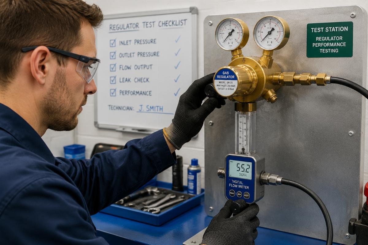 Technician testing gas flow output on a newly installed regulator