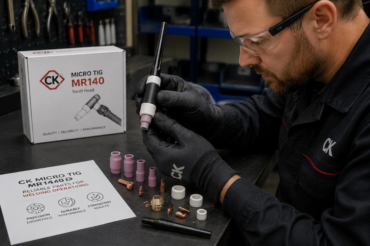 Reliable CK Micro TIG MR140 parts for welding operations Technician inspecting a CK Micro TIG MR140 torch head on a workbench