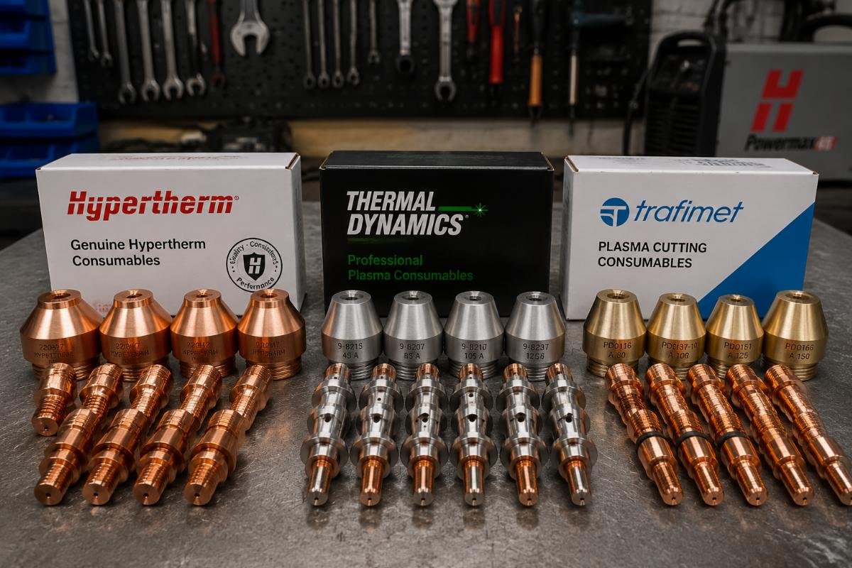 A stack of sorted plasma cutter nozzles and electrodes for three leading brands laid out on a workshop workbench