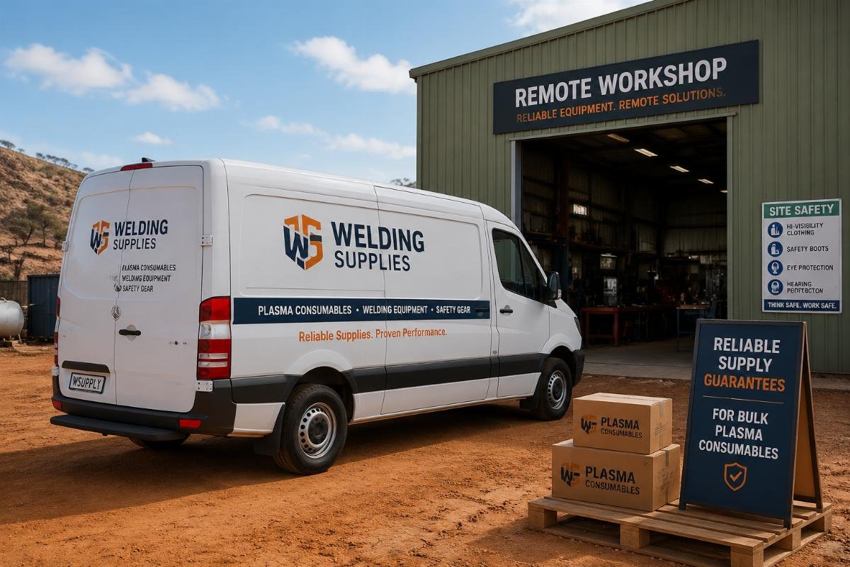 Reliable supply guarantees for bulk plasma consumables A delivery van marked with a welding supply brand logo parked outside a remote workshop facility