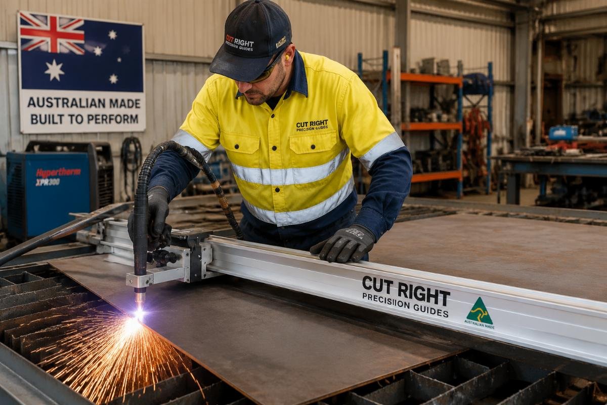 Technician using local cutting guide for plasma cutting Technician using an Australian-made cutting guide on a plasma cutter