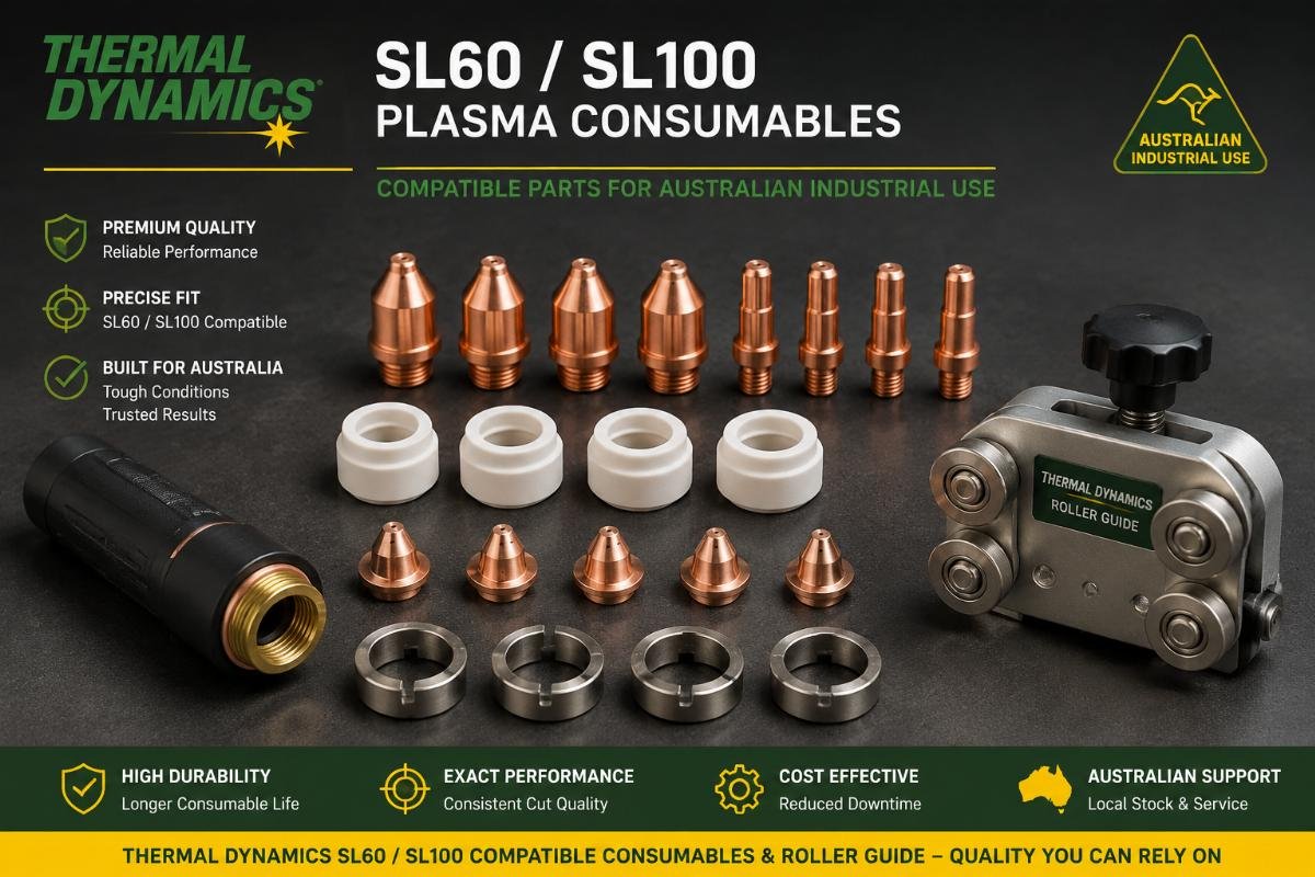 Thermal Dynamics SL60 SL100 plasma consumables laid out with a roller guide component