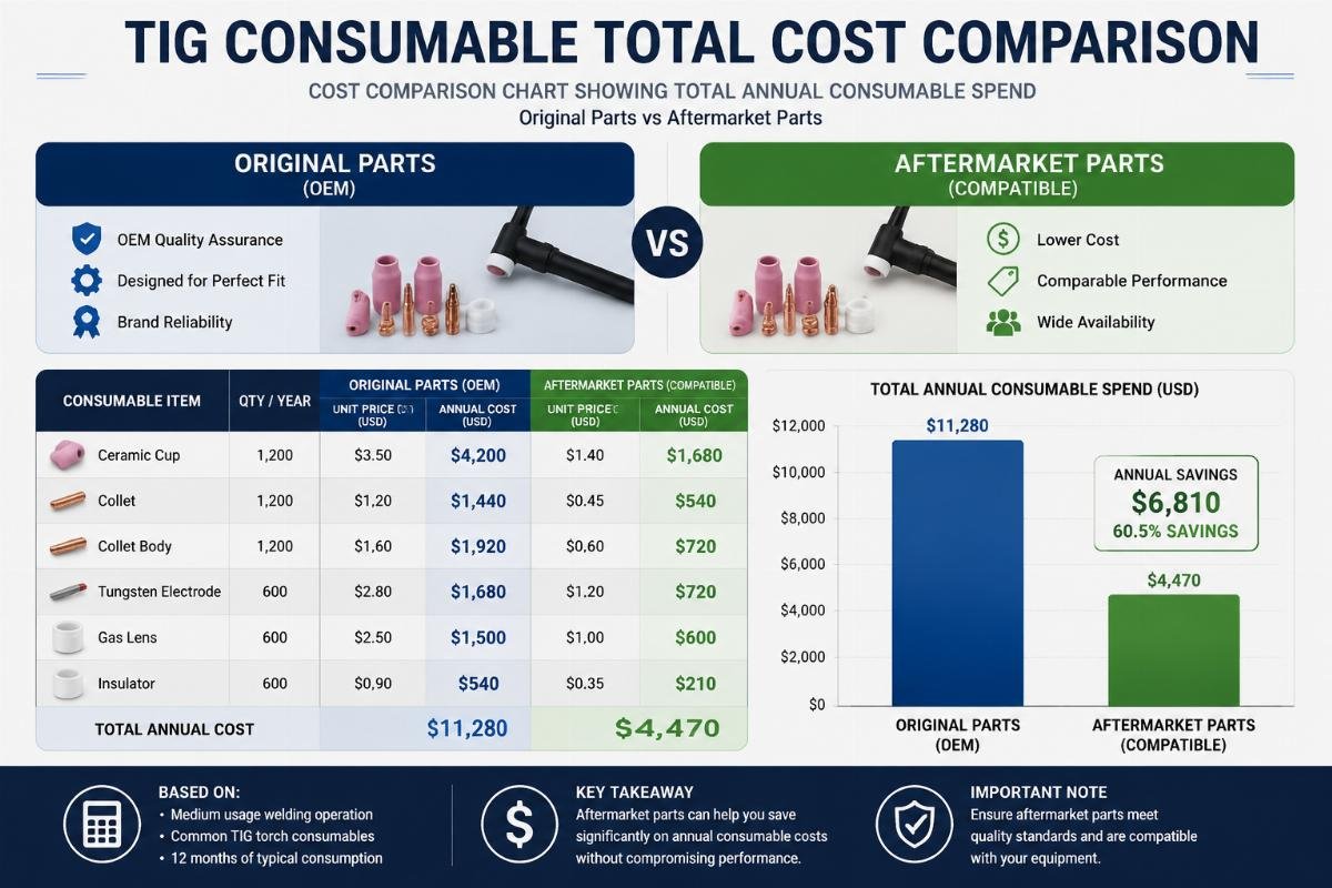 TIG consumable total cost comparison Cost comparison chart showing total annual consumable spend for original vs aftermarket parts