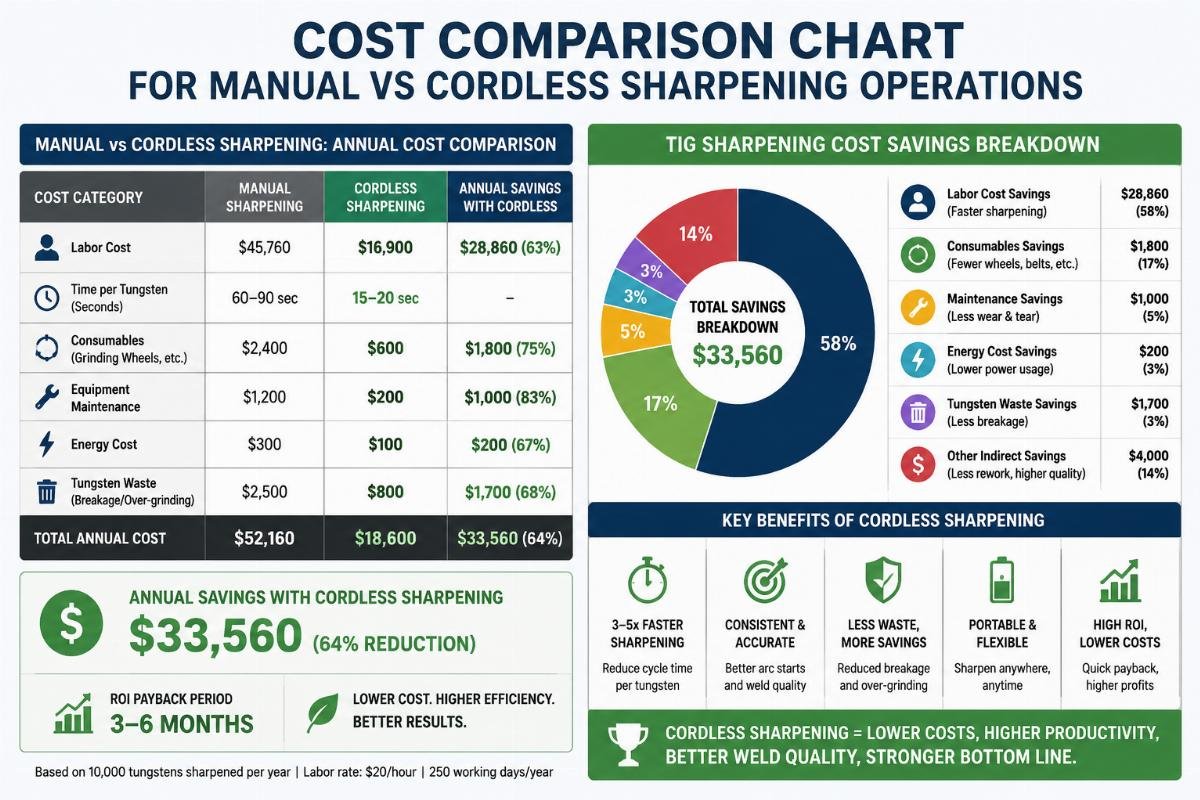 TIG sharpening cost savings breakdown Cost comparison chart for manual vs cordless sharpening operations
