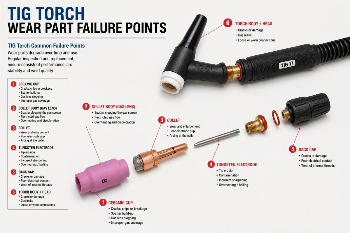TIG torch common failure points TIG torch wear part failure points highlighted on a disassembled torch