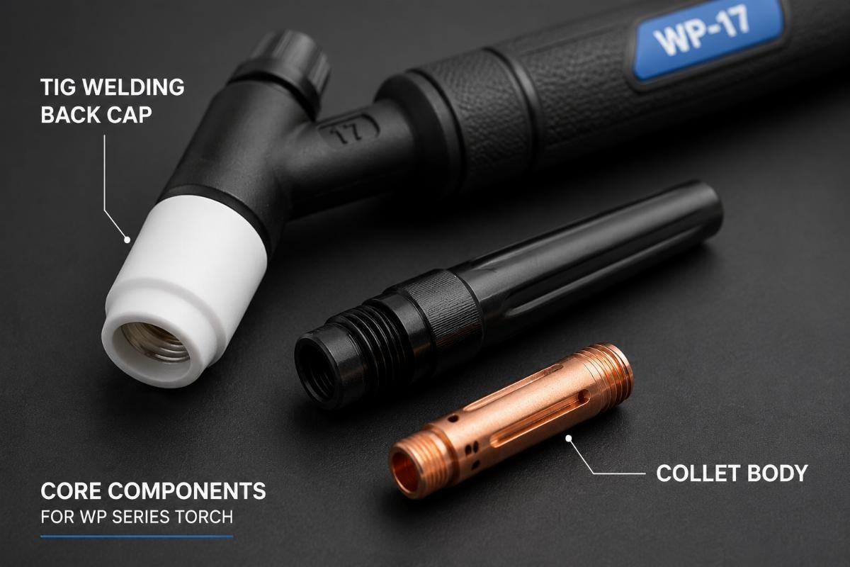 Close up of TIG welding back cap and collet body placed on a WP series torch