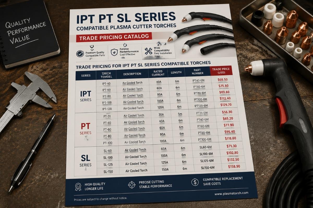 Trade pricing for IPT PT SL series compatible torches Trade pricing catalog for compatible plasma cutter torches laid out on a workshop desk