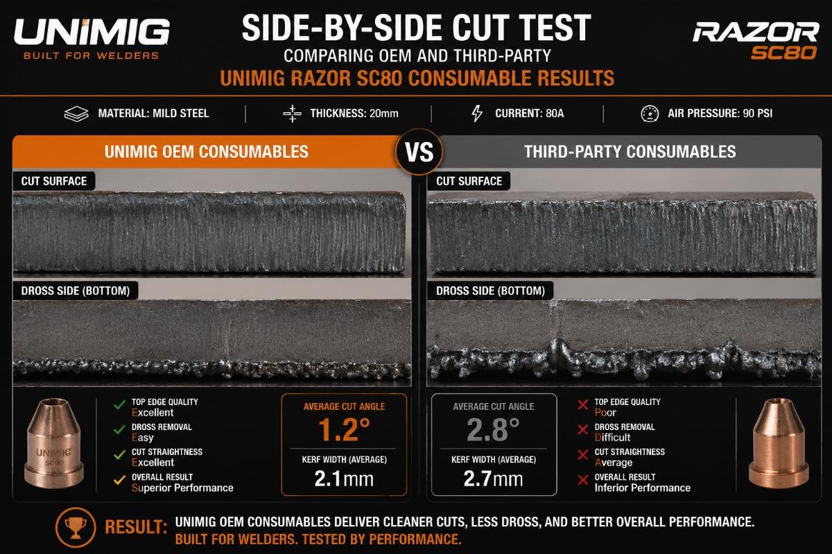 UNIMIG consumable side-by-side performance test Side-by-side cut test comparing OEM and third-party UNIMIG Razor SC80 consumable results