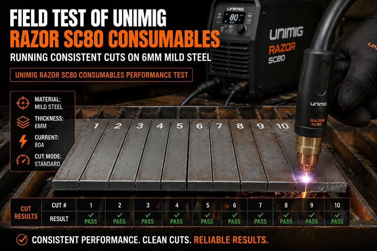 Field test of UNIMIG Razor SC80 consumables running consistent cuts on 6mm mild steel