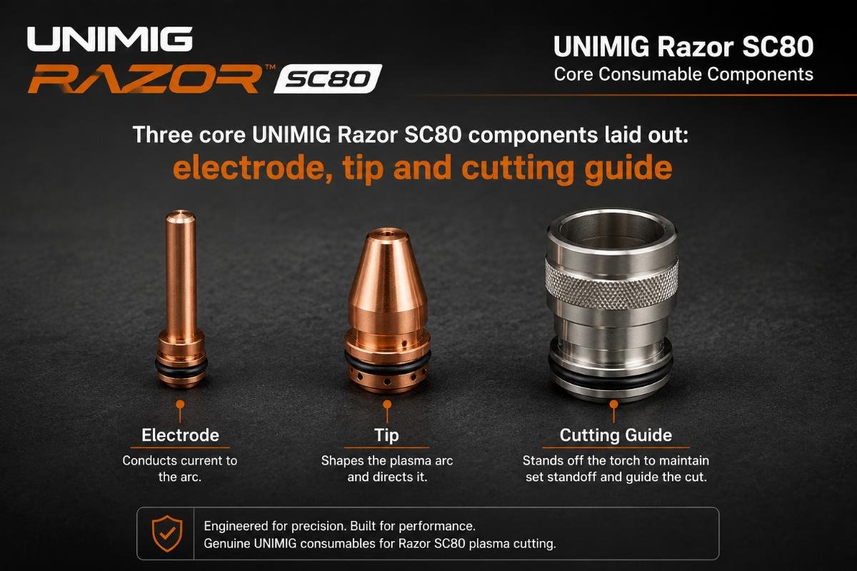 UNIMIG Razor SC80 core consumable components Three core UNIMIG Razor SC80 components laid out: electrode, tip and cutting guide