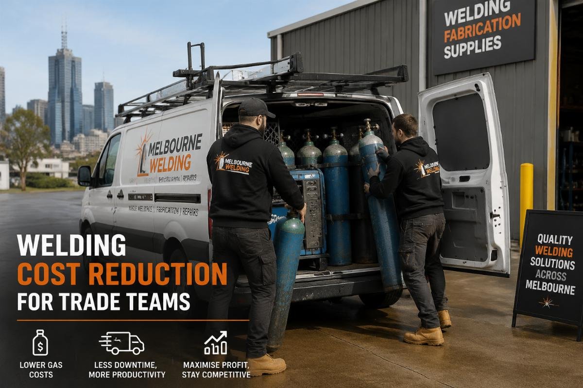Welding cost reduction for trade teams Welding crew loading gas cylinders onto work van outside Melbourne workshop