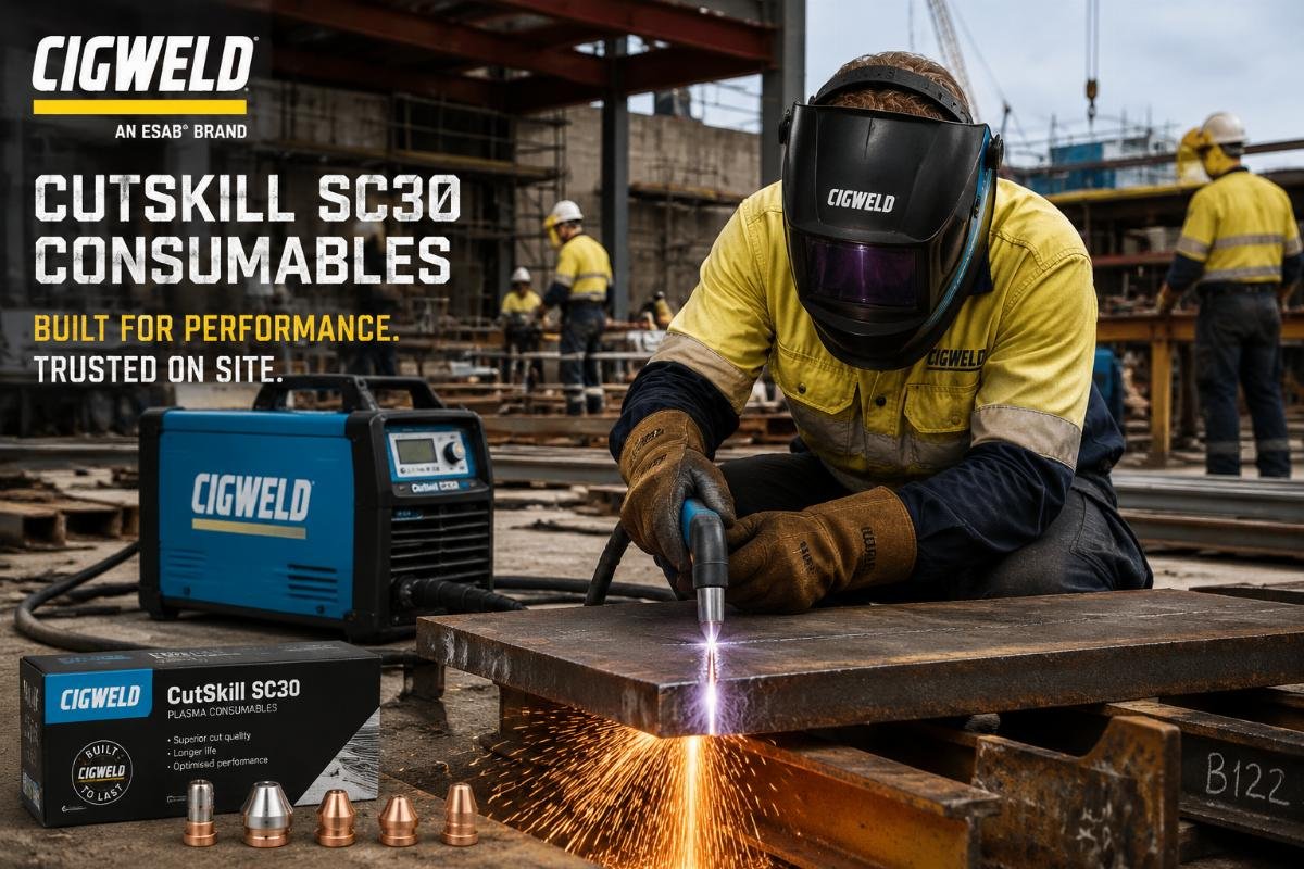 Welding team using Cigweld CutSkill SC30 consumables on site Welding team working on a construction site with plasma cutting equipment