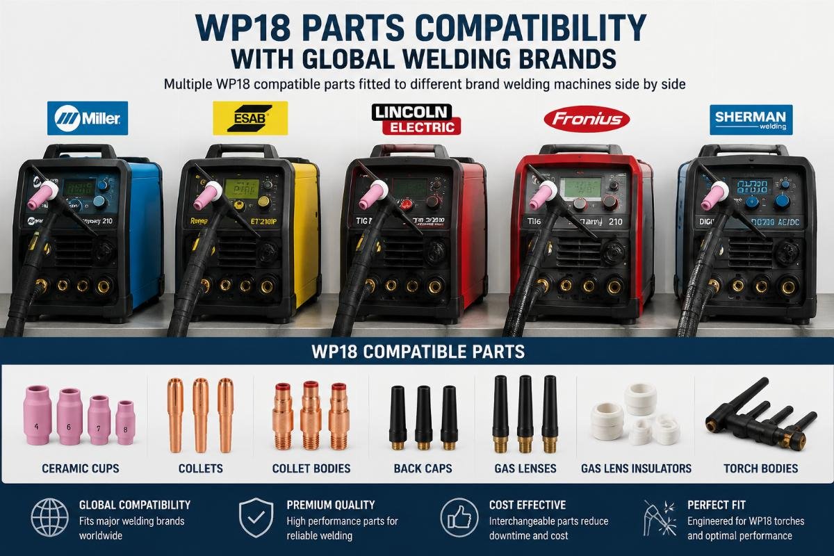 WP18 parts compatibility with global welding brands Multiple WP18 compatible parts fitted to different brand welding machines side by side