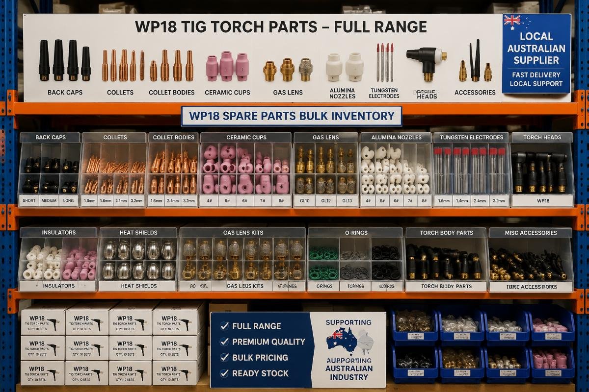 WP18 spare parts bulk inventory Inventory shelf showing full range of WP18 TIG torch parts in a local Australian supplier warehouse