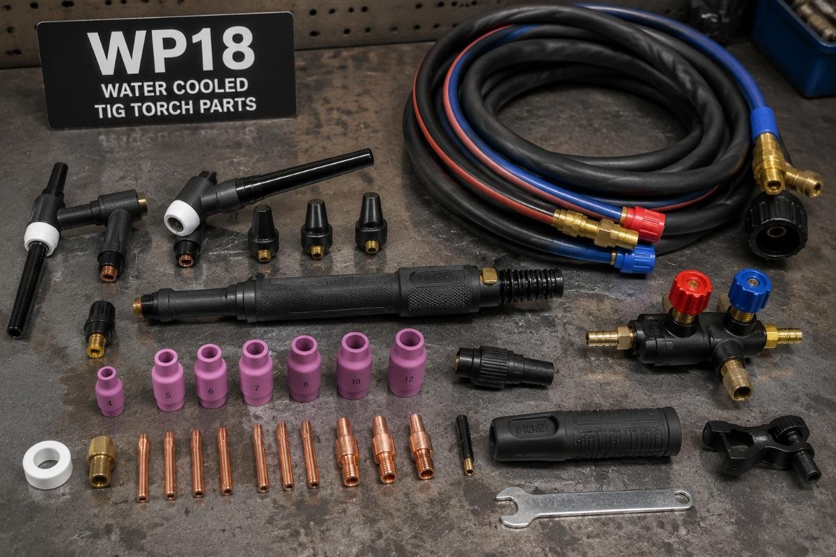 WP18 water cooled TIG torch parts laid out on a workshop workbench including hoses, torch heads, bodies and valves