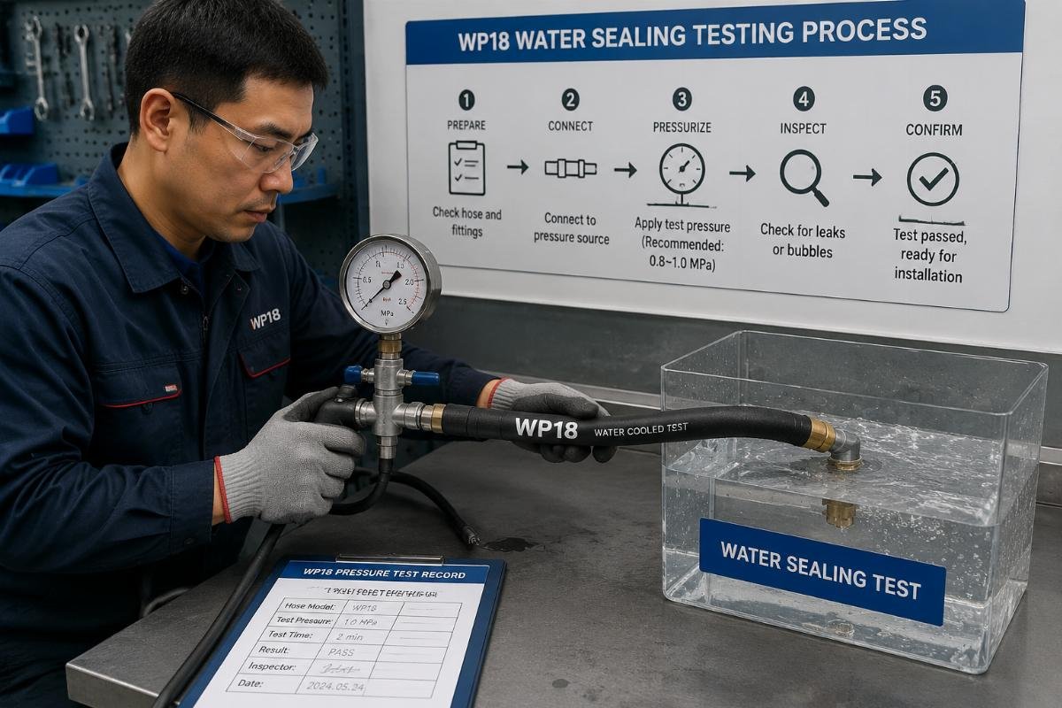 WP18 water sealing testing process Technician performing a pressure test on a WP18 water cooled hose before installation